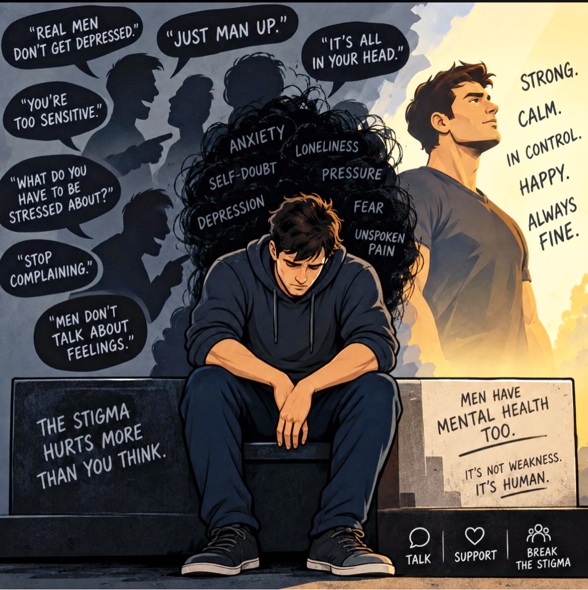 🌿 BREAK THE STIGMA - BLOKES CAN BE BLOKES STILL EVEN WHEN THEY DO RECOGNISE MENTAL HEALTH

“Rub some dirt in it mate” “grow a pair” “what are you a bloody pussy” 

I have heard all these things said to a man who has vocalised their feelings. Whether that be in reference to how they are feeling or how they feel about someone else. Men internalise that as “it’s not manly to discuss my mental health” or “it makes me less of a man for struggling” 

WELL…..maybe if we encouraged instead of criticised and promoted instead of minimised our prisons wouldn’t be so crowded, domestic violence wouldn’t be at a record high and drug and alcohol misuse wouldn’t be the norm! 

Ask yourself this….why do men turn to maladaptive emotional coping strategies instead of talking? BECAUSE we don’t give them the platforms, freedom and respect to talk. 

Just a few days away from our men’s mental health evening. 

Would love to see some of you there 🤍

#mensmentalhealth #stigmas #mentalhealth #mentalhealthawareness #talktoyourmates