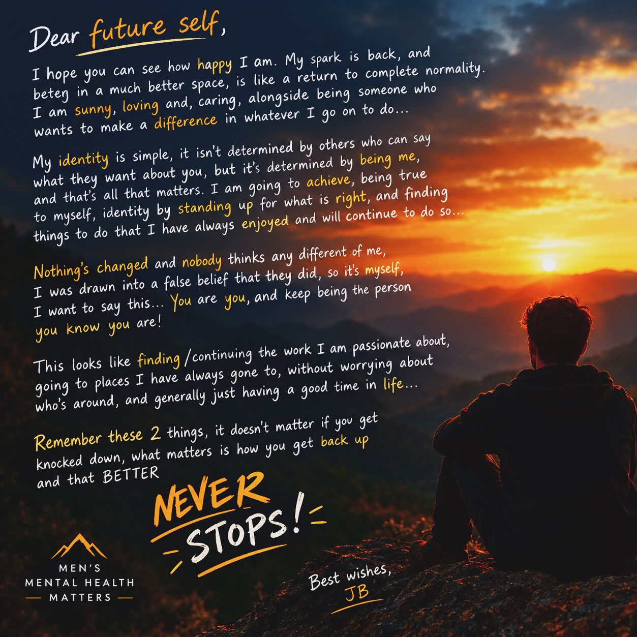 🌿MENS MENTAL HEALTH MATTERS…

SO what if a barrier to men accepting help, talking and coming forward to access therapy is that they have a false sense of what therapy actually is.

A fantastically inspiring man whom I have been working with recently has taken the most incredible steps and has come so far with his mental health and well-being. One of the tasks we set him for between session work was to write a letter to his future self.

With his consent, I share this letter with you today 🤍 I hope it helps to break the stigma of what therapy is and highlights what therapy can do! 

If you’re a man, questioning what to say? Who to speak to? What first steps to take….we want to encourage you to just reach out, to us or a therapist that feels right for you….then one day, it might be you writing an incredible letter like this to your future self! 

Much Love Always 🌿

#mensmentalhealth #mentalhealth #mentalhealthawareness #therapy #therapists